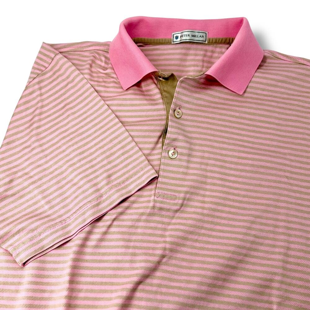 Vintage Peter Millar Polo Shirt Mens Medium Pink Brown Striped Short Sleeve Golf